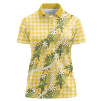 Aloha Puakenikeni Anthurium Pikake Lei Women Polo Shirt Gold Hawaiian Palaka Pattern