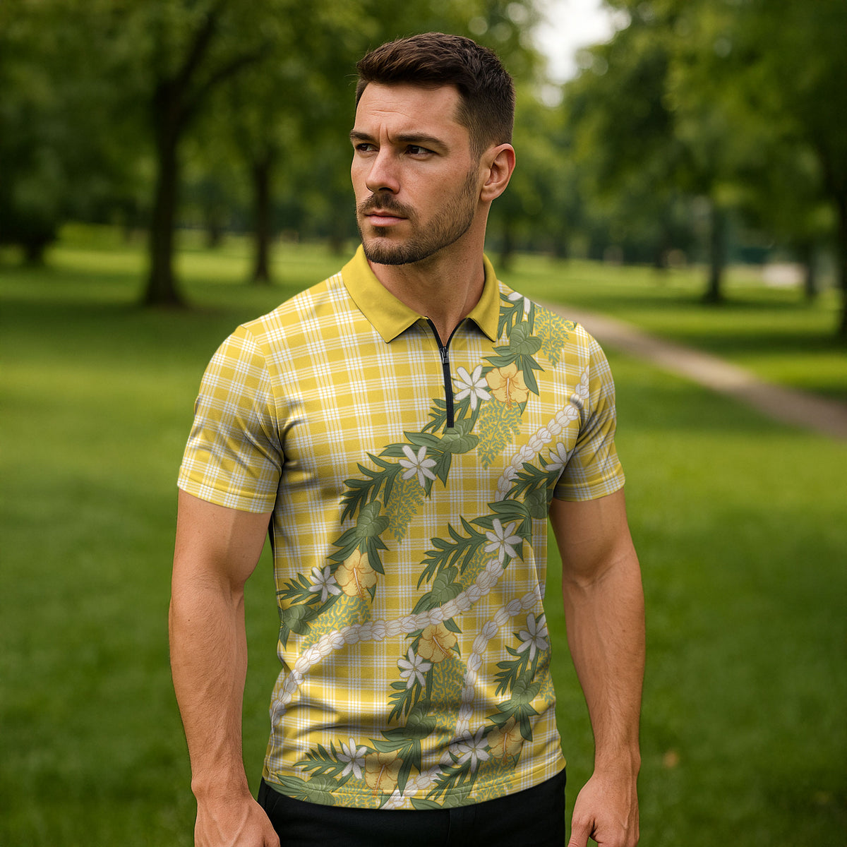 Aloha Puakenikeni Anthurium Pikake Lei Zipper Polo Shirt Gold Hawaiian Palaka Pattern LT9 - Polynesian Pride