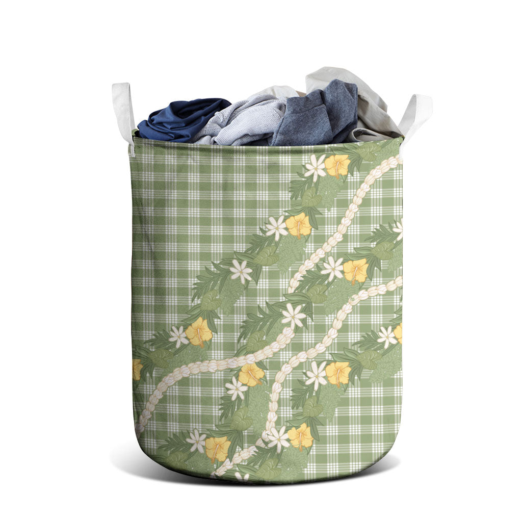 Aloha Puakenikeni Anthurium Pikake Lei Laundry Basket Green Hawaiian Palaka Pattern