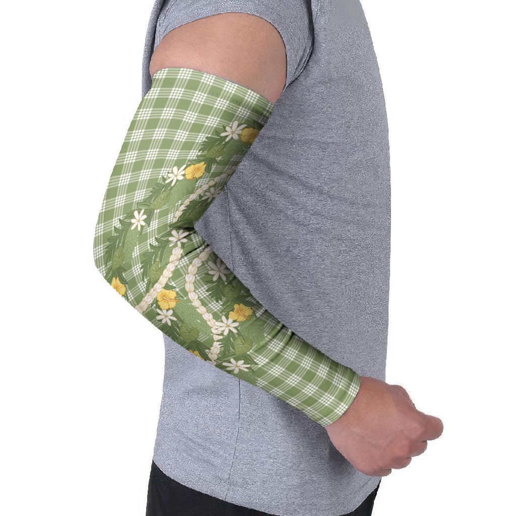 Aloha Puakenikeni Anthurium Pikake Lei Arm Sleeves Green Hawaiian Palaka Pattern LT9 - Polynesian Pride