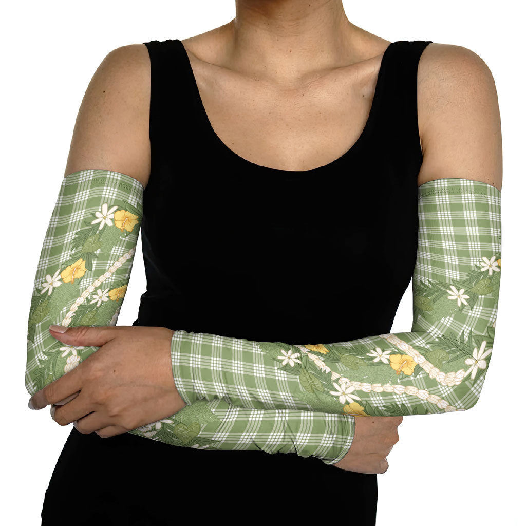 Aloha Puakenikeni Anthurium Pikake Lei Arm Sleeves Green Hawaiian Palaka Pattern LT9 - Polynesian Pride