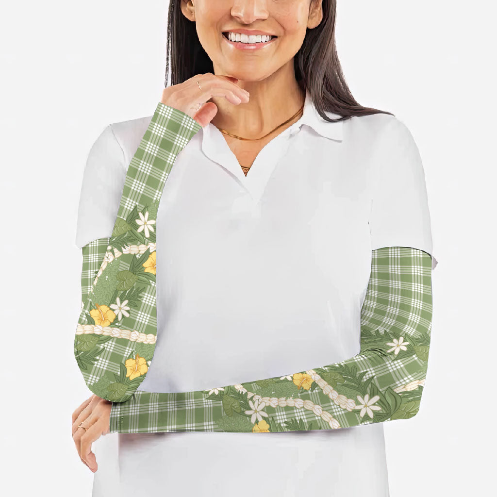 Aloha Puakenikeni Anthurium Pikake Lei Arm Sleeves Green Hawaiian Palaka Pattern LT9 - Polynesian Pride