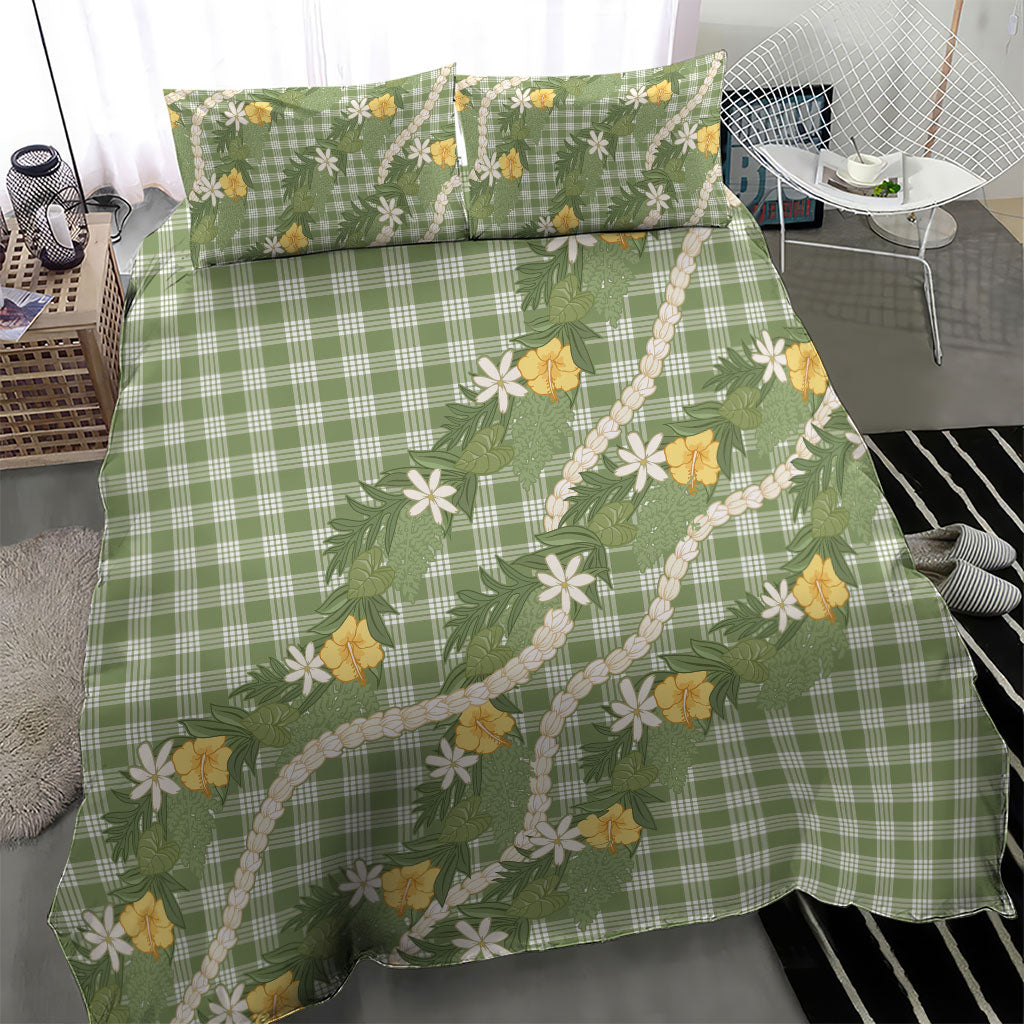 Aloha Puakenikeni Anthurium Pikake Lei Bedding Set Green Hawaiian Palaka Pattern