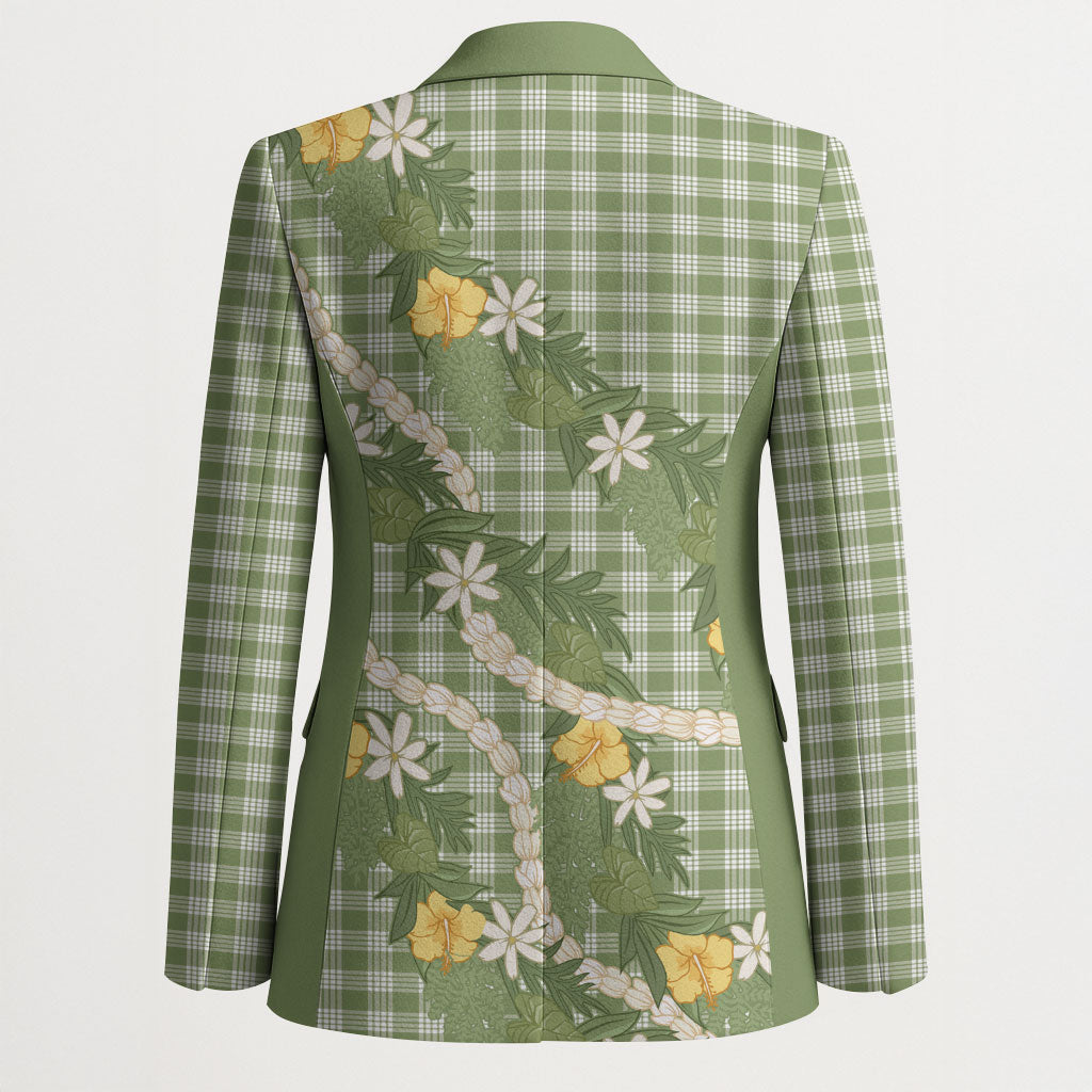 Aloha Puakenikeni Anthurium Pikake Lei Blazer Green Hawaiian Palaka Pattern