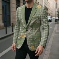 Aloha Puakenikeni Anthurium Pikake Lei Blazer Green Hawaiian Palaka Pattern