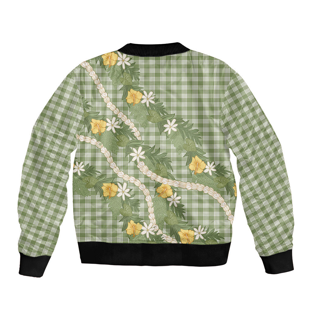 Aloha Puakenikeni Anthurium Pikake Lei Bomber Jacket Green Hawaiian Palaka Pattern