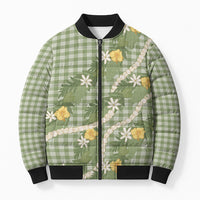 Aloha Puakenikeni Anthurium Pikake Lei Bomber Puffer Jacket Green Hawaiian Palaka Pattern