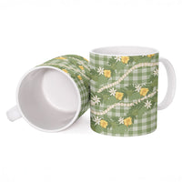 Aloha Puakenikeni Anthurium Pikake Lei Ceramic Mug Green Hawaiian Palaka Pattern