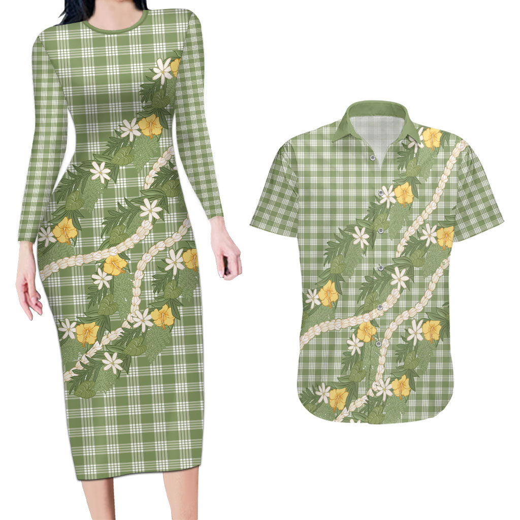 Aloha Puakenikeni Anthurium Pikake Lei Couples Matching Long Sleeve Bodycon Dress and Hawaiian Shirt Green Hawaiian Palaka Pattern LT9 Green - Polynesian Pride