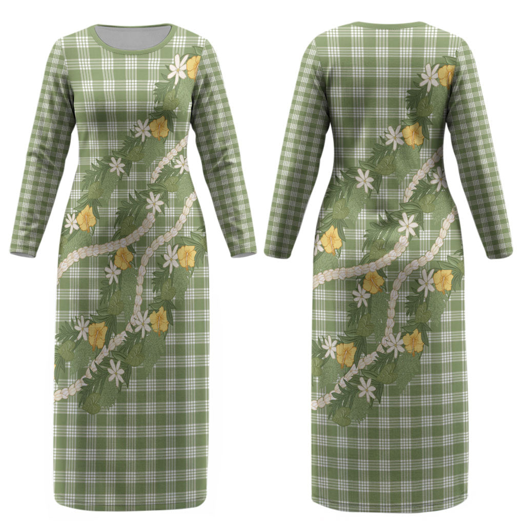 Aloha Puakenikeni Anthurium Pikake Lei Couples Matching Long Sleeve Bodycon Dress and Long Sleeve Button Shirt Green Hawaiian Palaka Pattern LT9 - Polynesian Pride