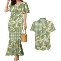Aloha Puakenikeni Anthurium Pikake Lei Couples Matching Mermaid Dress and Hawaiian Shirt Green Hawaiian Palaka Pattern LT9 Green - Polynesian Pride