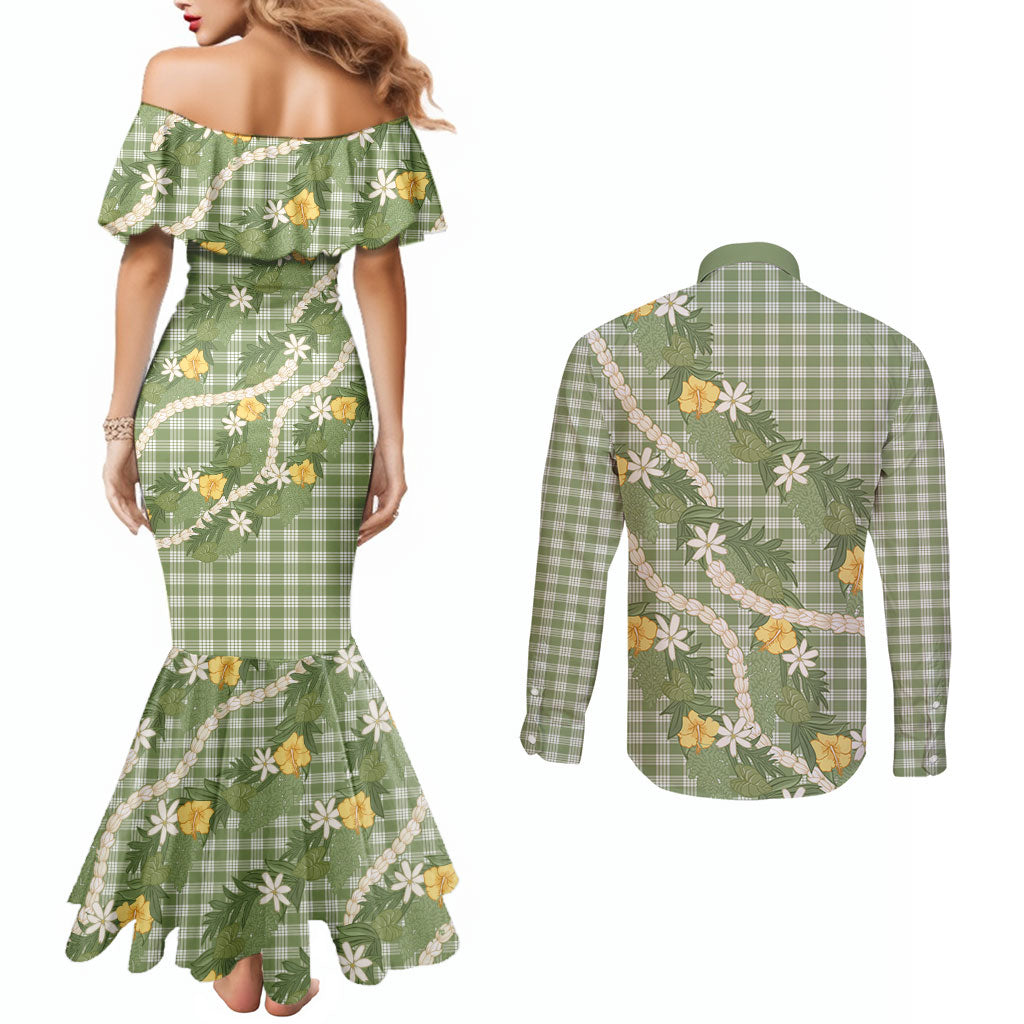 Aloha Puakenikeni Anthurium Pikake Lei Couples Matching Mermaid Dress and Long Sleeve Button Shirt Green Hawaiian Palaka Pattern