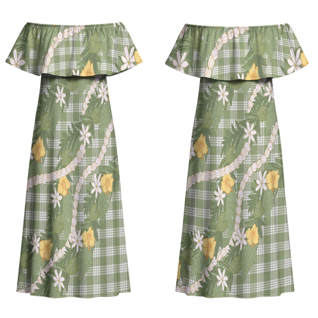 Aloha Puakenikeni Anthurium Pikake Lei Couples Matching Off Shoulder Maxi Dress and Long Sleeve Button Shirt Green Hawaiian Palaka Pattern LT9 - Polynesian Pride