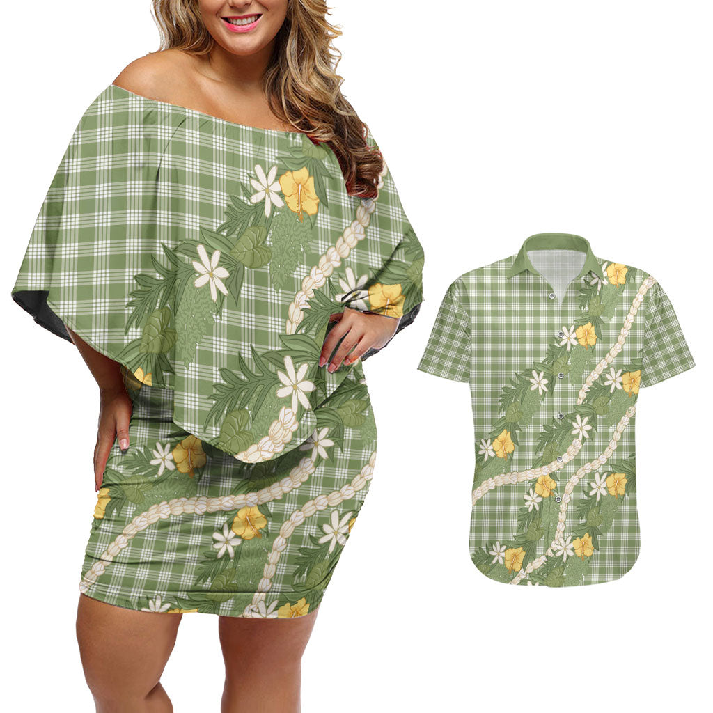 Aloha Puakenikeni Anthurium Pikake Lei Couples Matching Off Shoulder Short Dress and Hawaiian Shirt Green Hawaiian Palaka Pattern