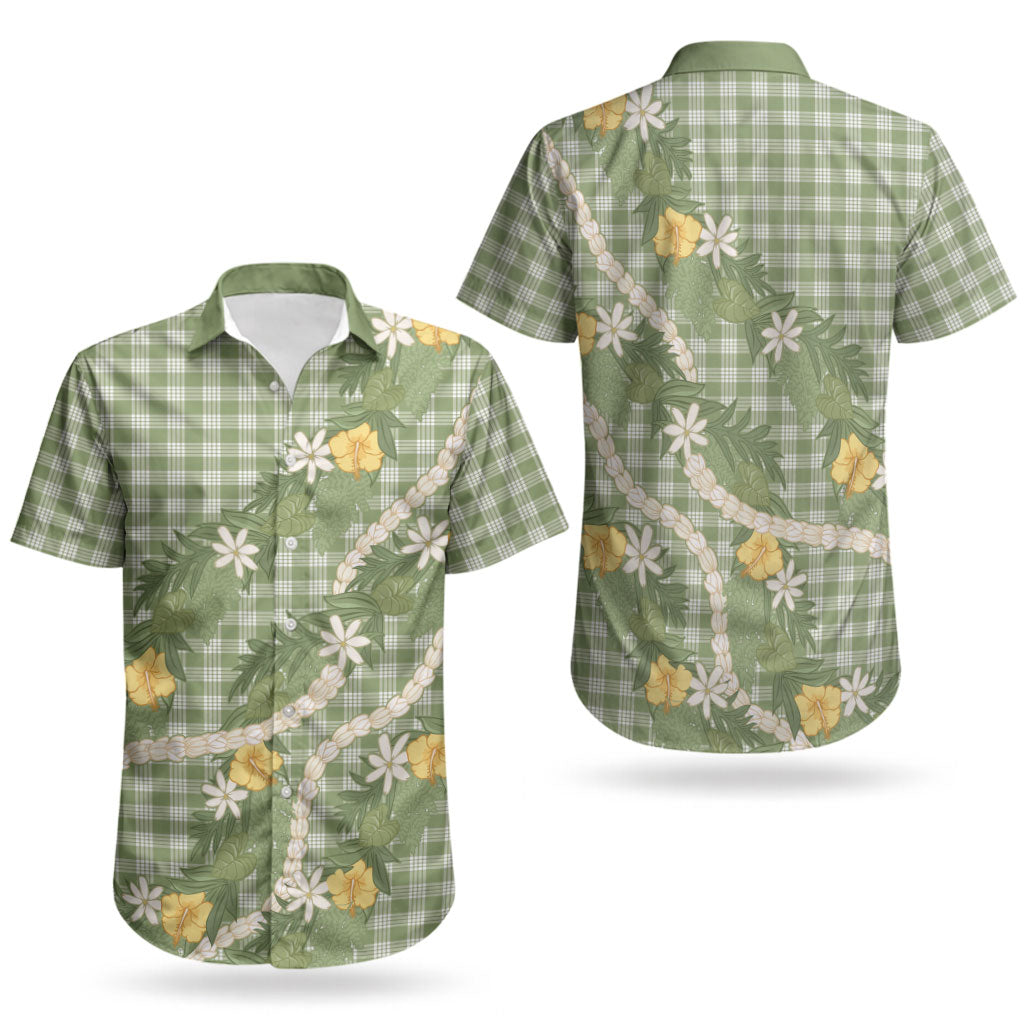 Aloha Puakenikeni Anthurium Pikake Lei Couples Matching Off Shoulder Short Dress and Hawaiian Shirt Green Hawaiian Palaka Pattern LT9 - Polynesian Pride