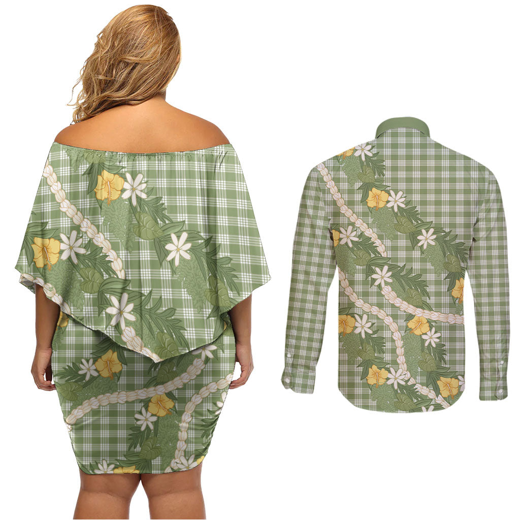 Aloha Puakenikeni Anthurium Pikake Lei Couples Matching Off Shoulder Short Dress and Long Sleeve Button Shirt Green Hawaiian Palaka Pattern