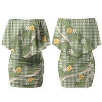 Aloha Puakenikeni Anthurium Pikake Lei Couples Matching Off Shoulder Short Dress and Long Sleeve Button Shirt Green Hawaiian Palaka Pattern LT9 - Polynesian Pride