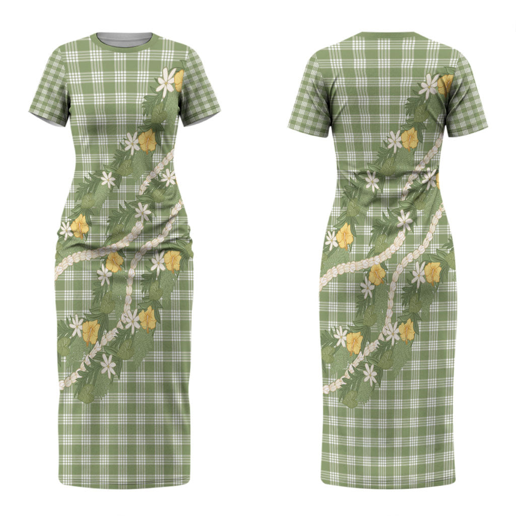 Aloha Puakenikeni Anthurium Pikake Lei Couples Matching Short Sleeve Bodycon Dress and Long Sleeve Button Shirt Green Hawaiian Palaka Pattern LT9 - Polynesian Pride