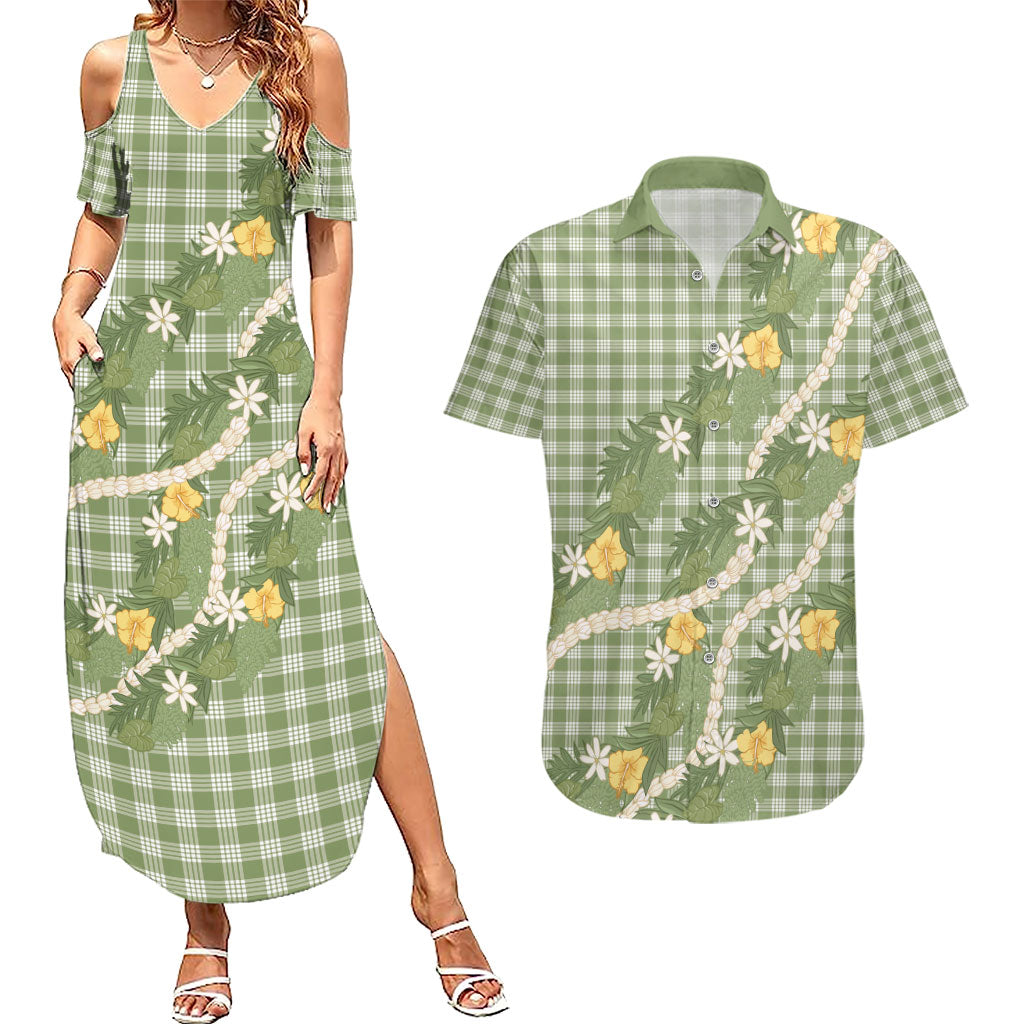 Aloha Puakenikeni Anthurium Pikake Lei Couples Matching Summer Maxi Dress and Hawaiian Shirt Green Hawaiian Palaka Pattern