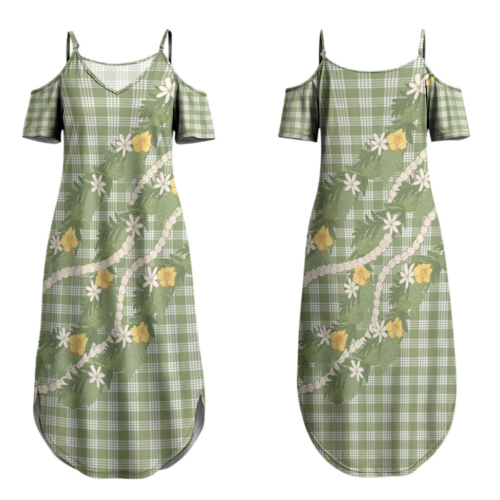 Aloha Puakenikeni Anthurium Pikake Lei Couples Matching Summer Maxi Dress and Hawaiian Shirt Green Hawaiian Palaka Pattern LT9 - Polynesian Pride