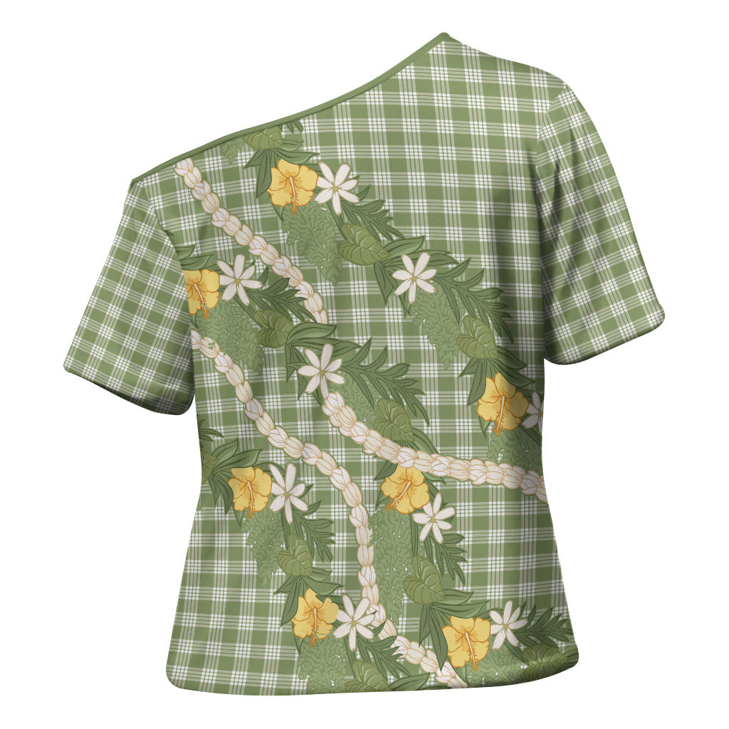 Aloha Puakenikeni Anthurium Pikake Lei Cross Shoulder Shirt Green Hawaiian Palaka Pattern