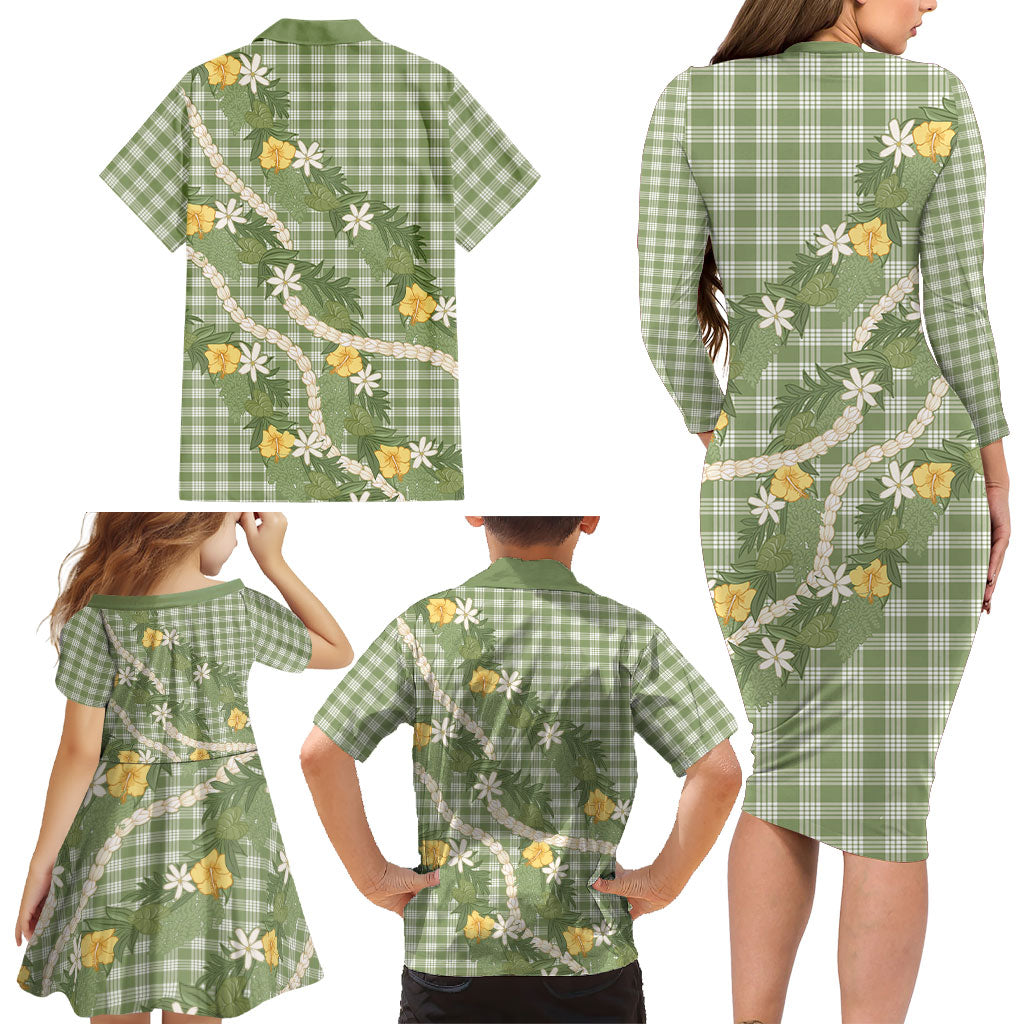 Aloha Puakenikeni Anthurium Pikake Lei Family Matching Long Sleeve Bodycon Dress and Hawaiian Shirt Green Hawaiian Palaka Pattern LT9 - Polynesian Pride