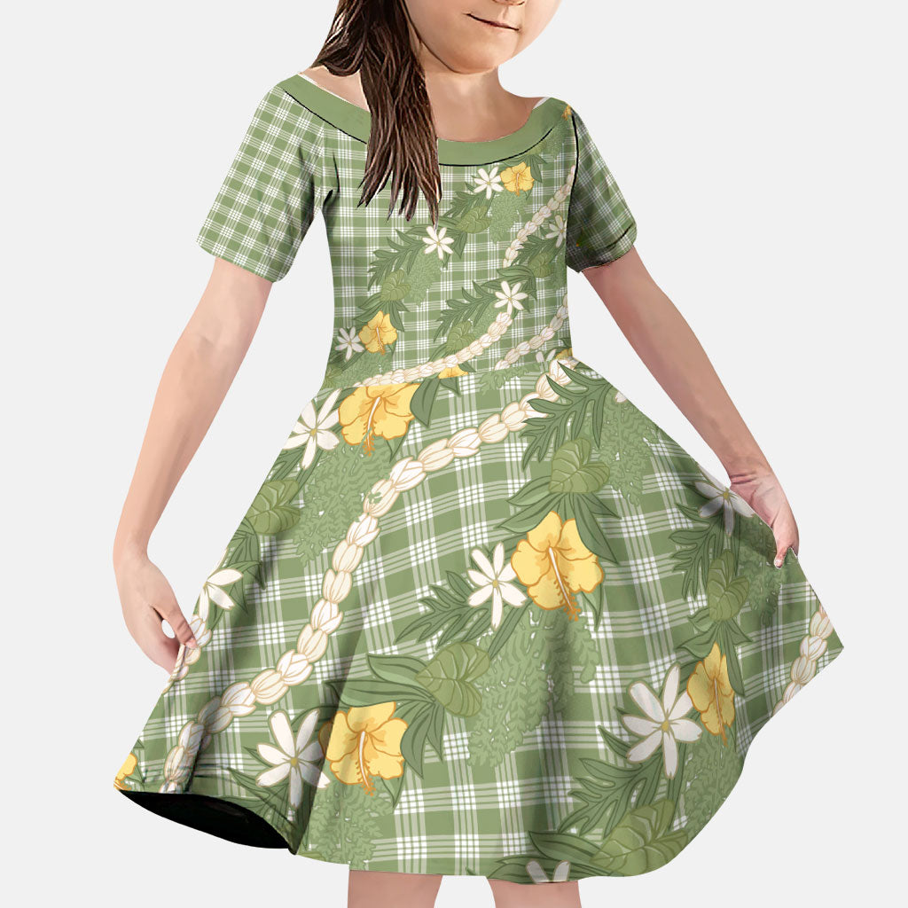 Aloha Puakenikeni Anthurium Pikake Lei Family Matching Mermaid Dress and Hawaiian Shirt Green Hawaiian Palaka Pattern LT9 Daughter's Dress Green - Polynesian Pride