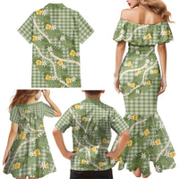Aloha Puakenikeni Anthurium Pikake Lei Family Matching Mermaid Dress and Hawaiian Shirt Green Hawaiian Palaka Pattern LT9 - Polynesian Pride