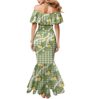 Aloha Puakenikeni Anthurium Pikake Lei Family Matching Mermaid Dress and Hawaiian Shirt Green Hawaiian Palaka Pattern LT9 - Polynesian Pride