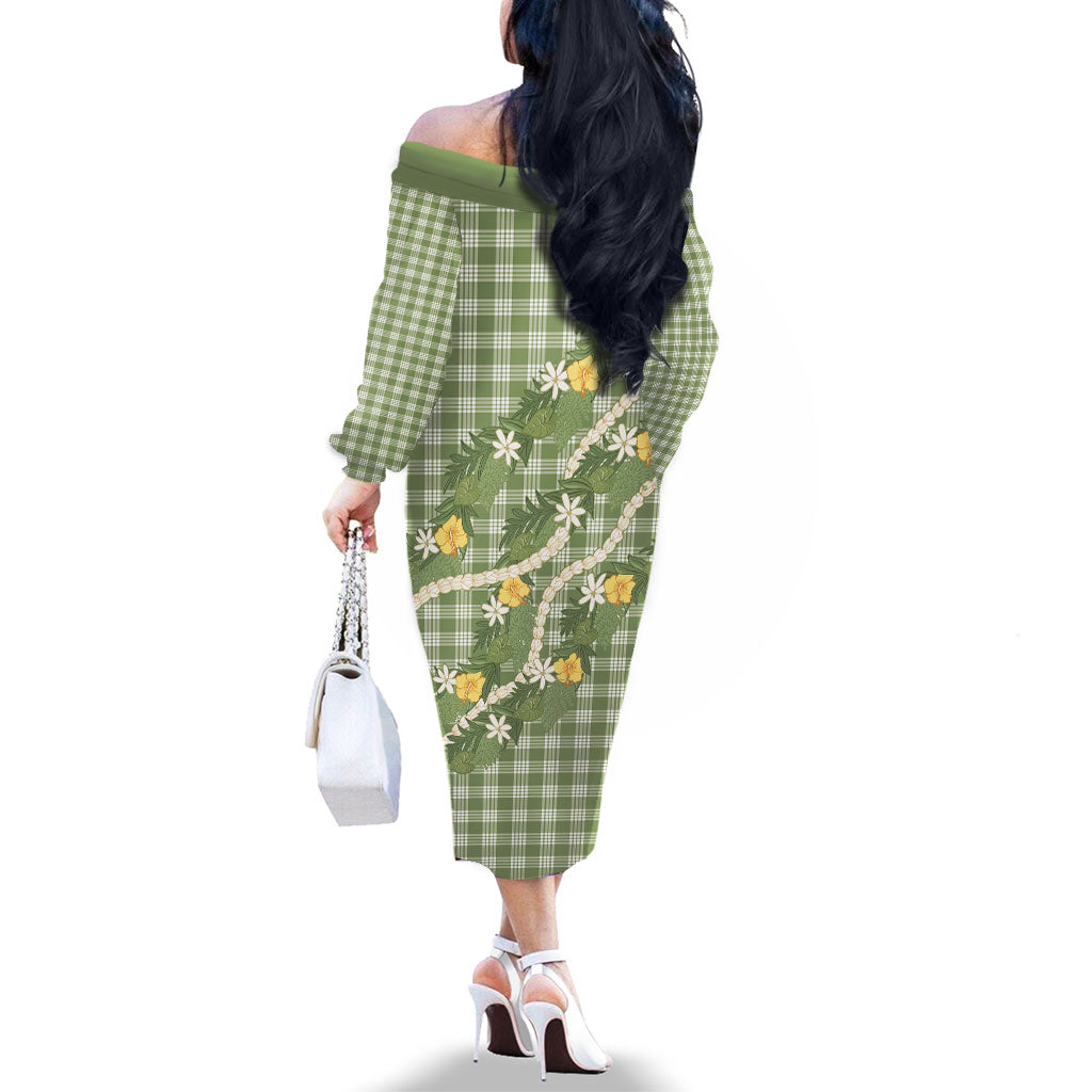 Aloha Puakenikeni Anthurium Pikake Lei Family Matching Off The Shoulder Long Sleeve Dress and Hawaiian Shirt Green Hawaiian Palaka Pattern LT9 - Polynesian Pride