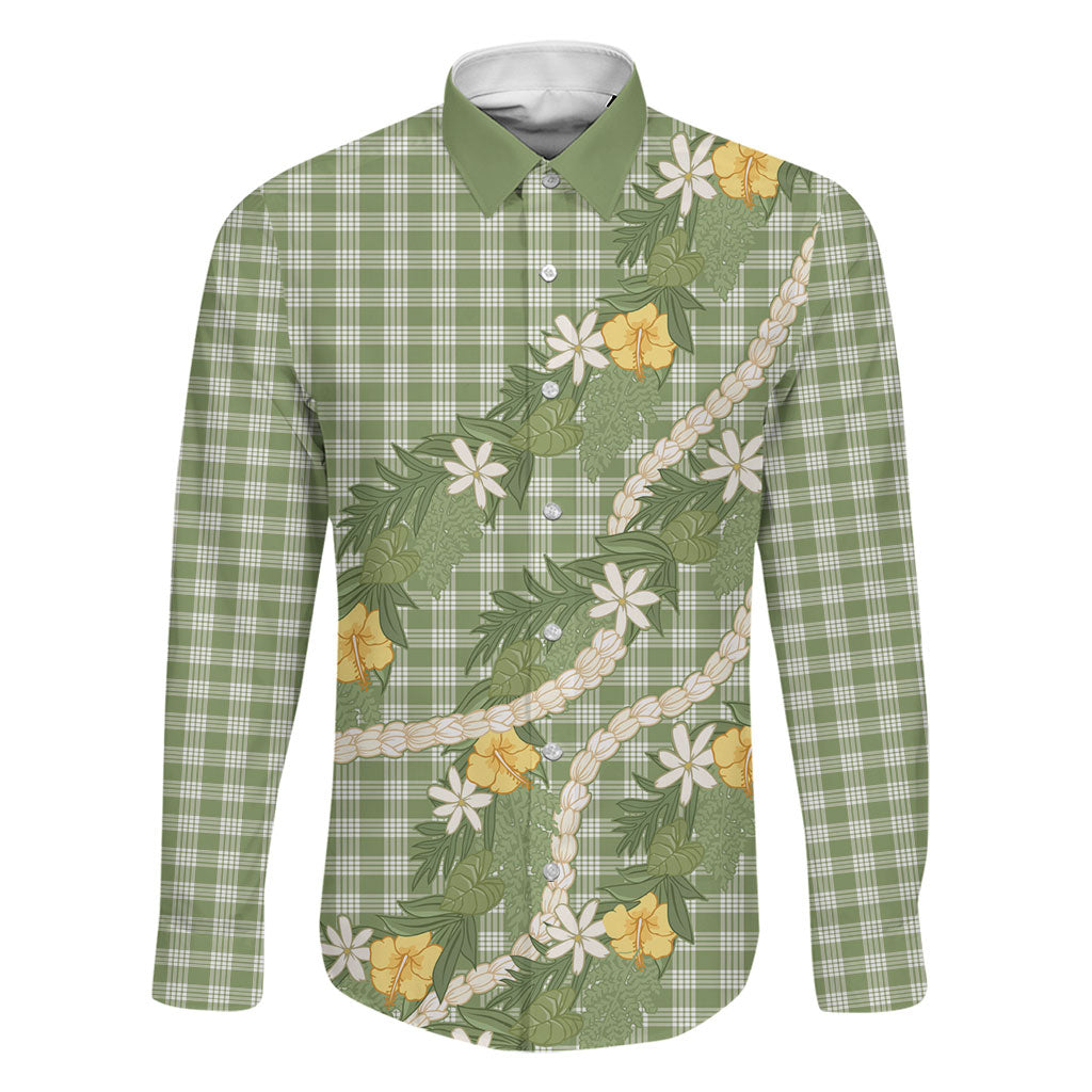 Aloha Puakenikeni Anthurium Pikake Lei Family Matching Off Shoulder Maxi Dress and Hawaiian Shirt Green Hawaiian Palaka Pattern LT9 Dad's Shirt - Long Sleeve Green - Polynesian Pride