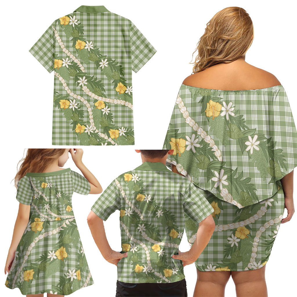 Aloha Puakenikeni Anthurium Pikake Lei Family Matching Off Shoulder Short Dress and Hawaiian Shirt Green Hawaiian Palaka Pattern LT9 - Polynesian Pride