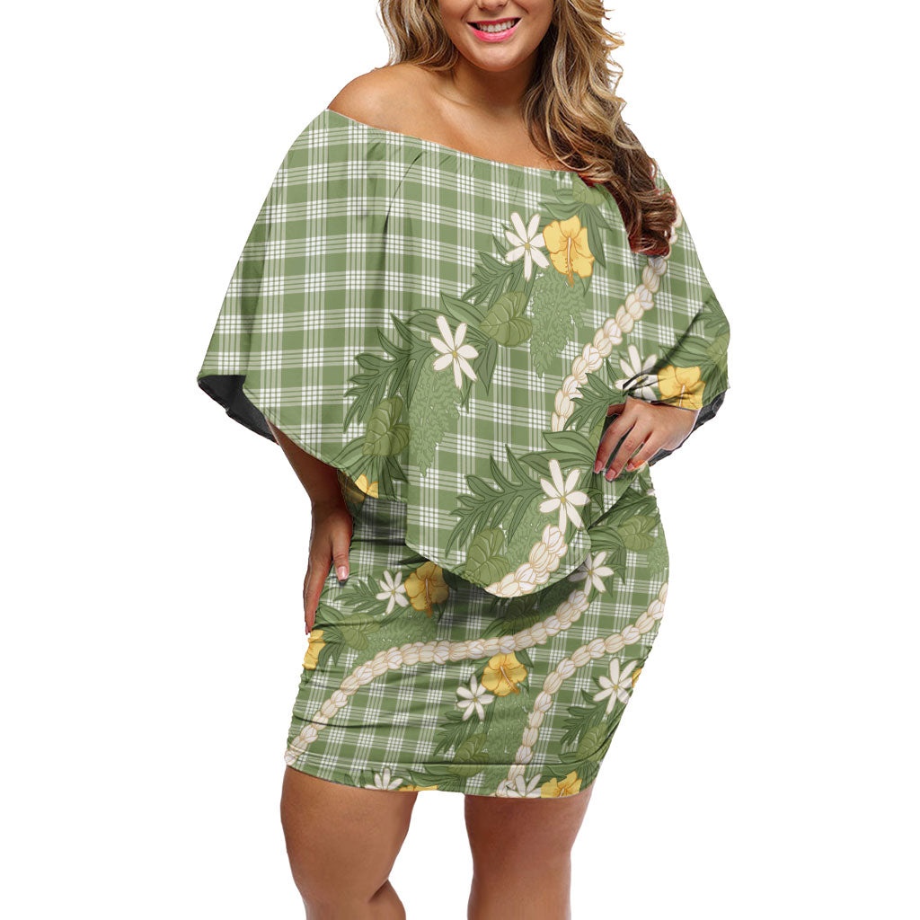 Aloha Puakenikeni Anthurium Pikake Lei Family Matching Off Shoulder Short Dress and Hawaiian Shirt Green Hawaiian Palaka Pattern LT9 Mom's Dress Green - Polynesian Pride