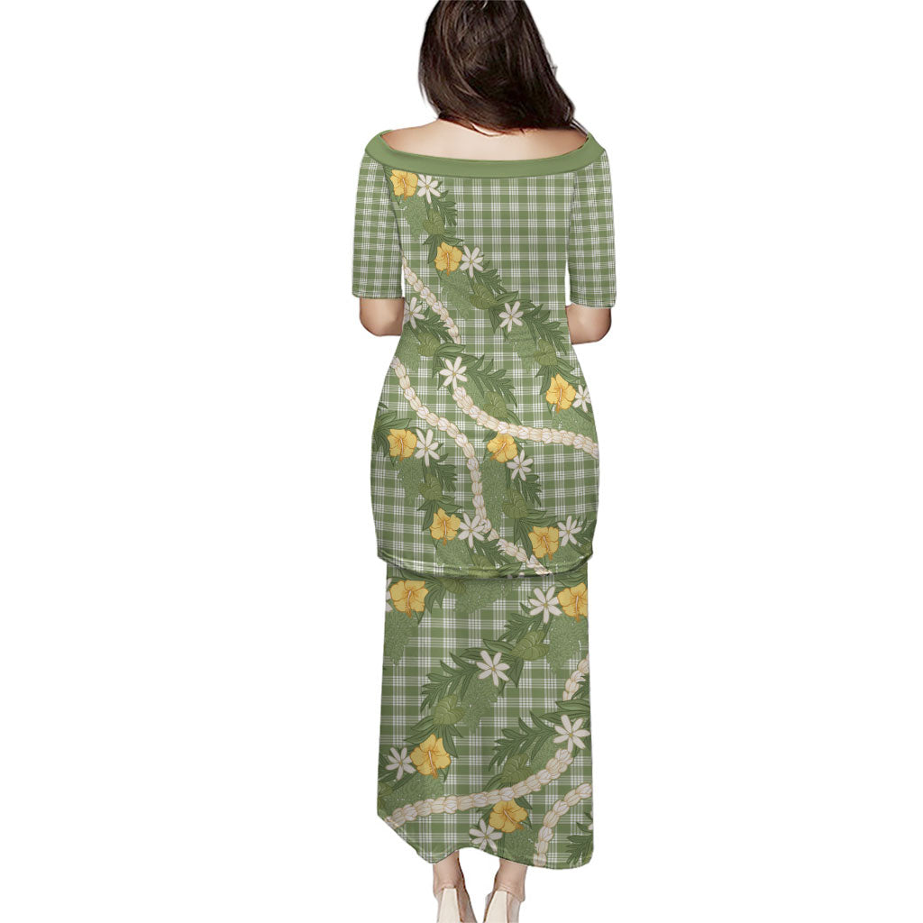 Aloha Puakenikeni Anthurium Pikake Lei Family Matching Puletasi and Hawaiian Shirt Green Hawaiian Palaka Pattern LT9 - Polynesian Pride