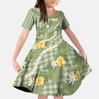 Aloha Puakenikeni Anthurium Pikake Lei Family Matching Summer Maxi Dress and Hawaiian Shirt Green Hawaiian Palaka Pattern LT9 Daughter's Dress Green - Polynesian Pride