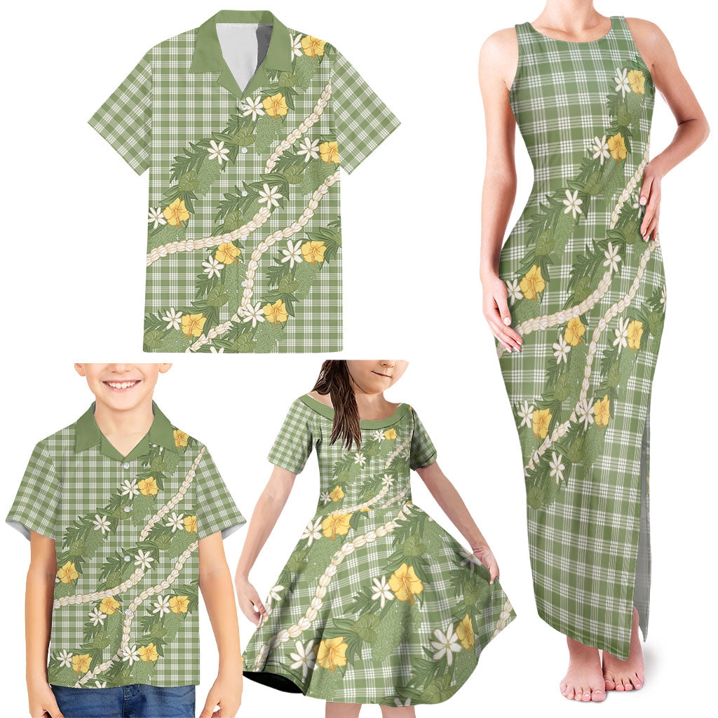 Aloha Puakenikeni Anthurium Pikake Lei Family Matching Tank Maxi Dress and Hawaiian Shirt Green Hawaiian Palaka Pattern