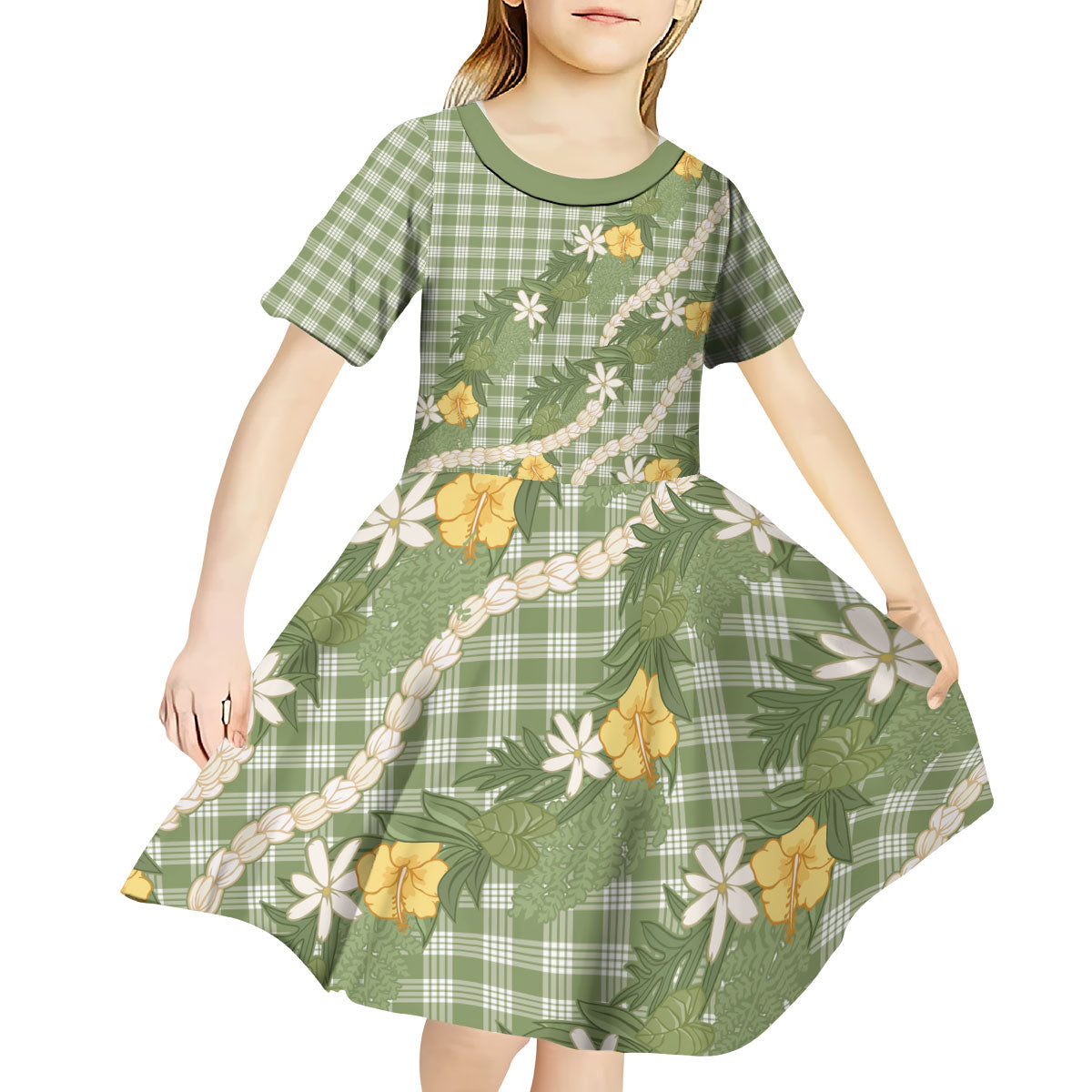Aloha Puakenikeni Anthurium Pikake Lei Kid Short Sleeve Dress Green Hawaiian Palaka Pattern