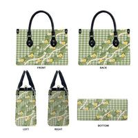 Aloha Puakenikeni Anthurium Pikake Lei Leather Bag Green Hawaiian Palaka Pattern