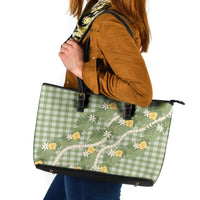 Aloha Puakenikeni Anthurium Pikake Lei Leather Tote Bag Green Hawaiian Palaka Pattern LT9 Green - Polynesian Pride