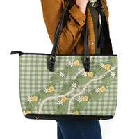 Aloha Puakenikeni Anthurium Pikake Lei Leather Tote Bag Green Hawaiian Palaka Pattern LT9 - Polynesian Pride