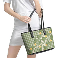 Aloha Puakenikeni Anthurium Pikake Lei Leather Tote Bag Green Hawaiian Palaka Pattern LT9 - Polynesian Pride