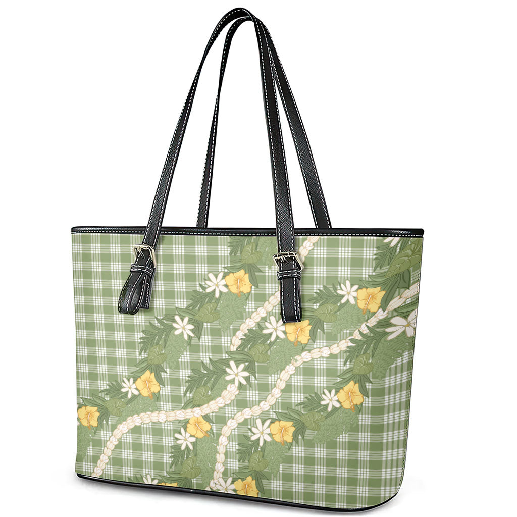 Aloha Puakenikeni Anthurium Pikake Lei Leather Tote Bag Green Hawaiian Palaka Pattern LT9 - Polynesian Pride