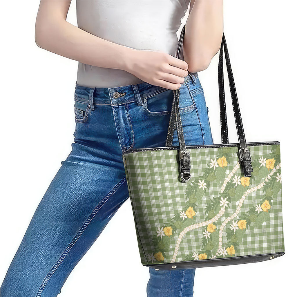 Aloha Puakenikeni Anthurium Pikake Lei Leather Tote Bag Green Hawaiian Palaka Pattern LT9 - Polynesian Pride