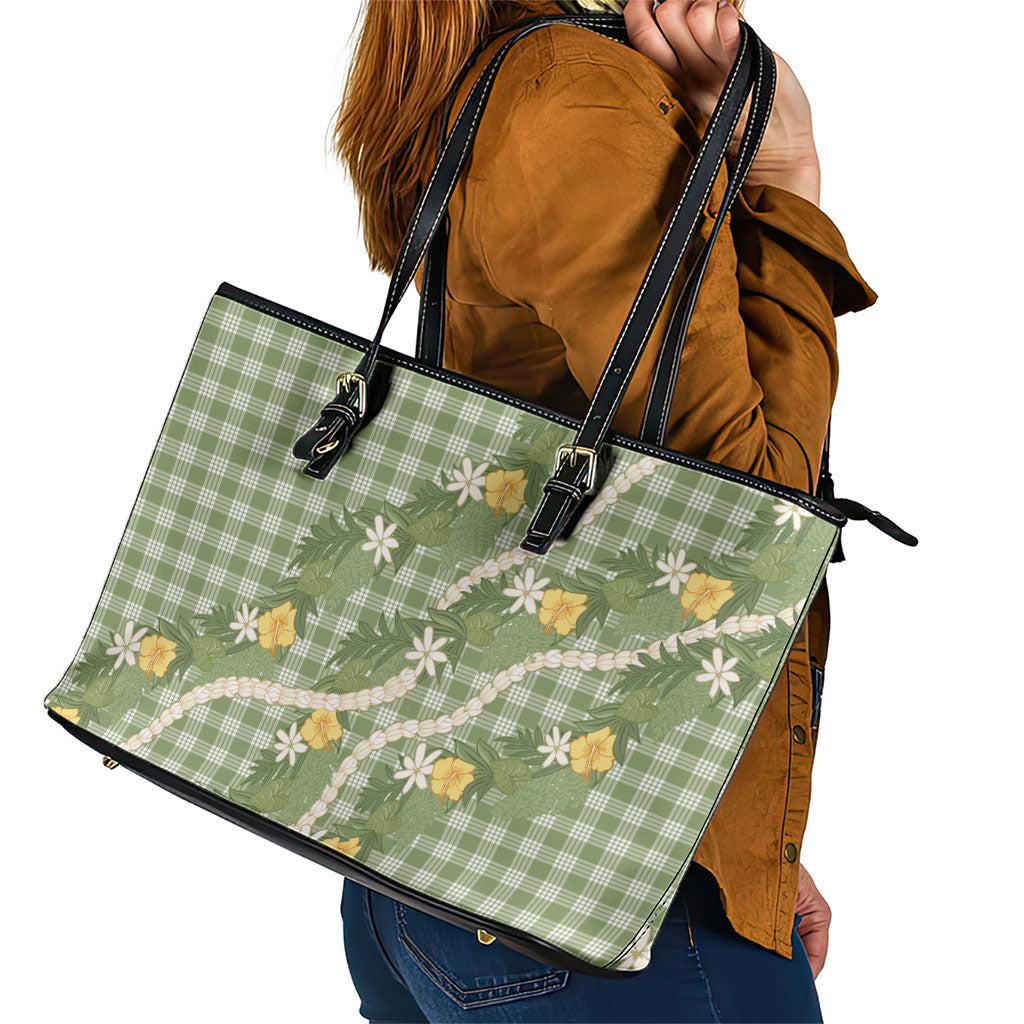 Aloha Puakenikeni Anthurium Pikake Lei Leather Tote Bag Green Hawaiian Palaka Pattern LT9 - Polynesian Pride