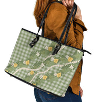 Aloha Puakenikeni Anthurium Pikake Lei Leather Tote Bag Green Hawaiian Palaka Pattern LT9 - Polynesian Pride