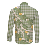 Aloha Puakenikeni Anthurium Pikake Lei Long Sleeve Button Shirt Green Hawaiian Palaka Pattern