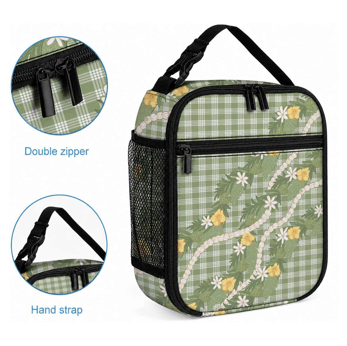 Aloha Puakenikeni Anthurium Pikake Lei Lunch Bag Green Hawaiian Palaka Pattern LT9 - Polynesian Pride