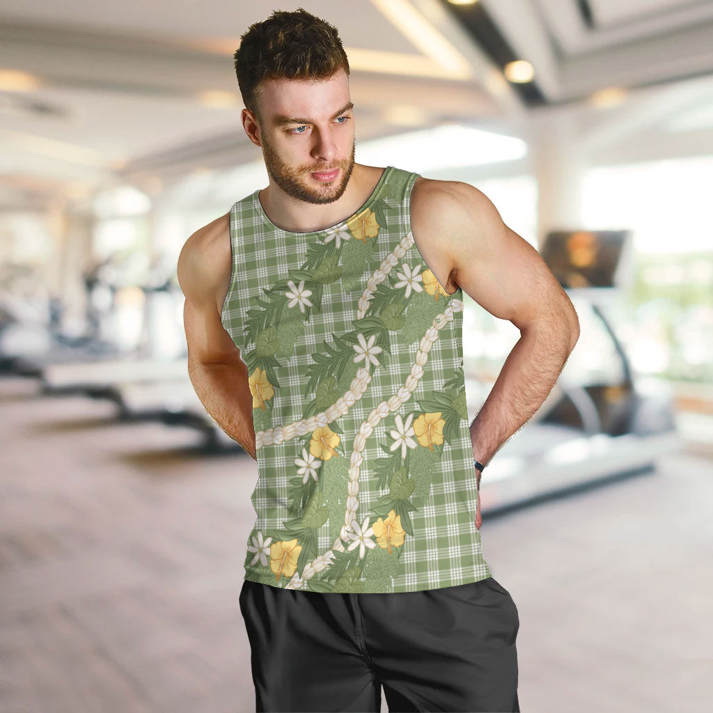 Aloha Puakenikeni Anthurium Pikake Lei Men Tank Top Green Hawaiian Palaka Pattern