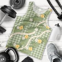Aloha Puakenikeni Anthurium Pikake Lei Men Tank Top Green Hawaiian Palaka Pattern