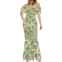 Aloha Puakenikeni Anthurium Pikake Lei Mermaid Dress Green Hawaiian Palaka Pattern